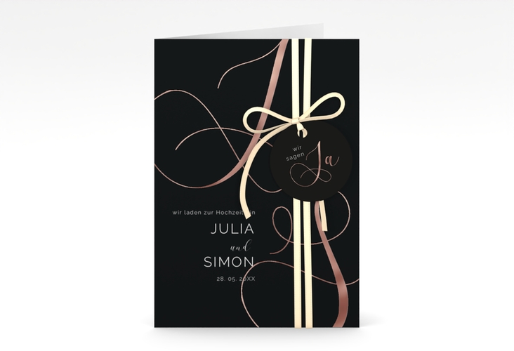 Hochzeitseinladung Eheschließung A6 Klappkarte hoch schwarz rosegold mit Gräsern und Trockenblumen für Boho-Hochzeit