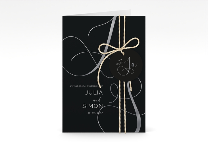 Hochzeitseinladung Eheschließung A6 Klappkarte hoch schwarz silber mit Gräsern und Trockenblumen für Boho-Hochzeit