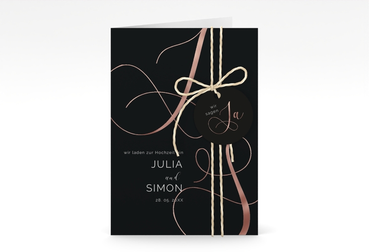 Hochzeitseinladung Eheschließung A6 Klappkarte hoch schwarz rosegold mit Gräsern und Trockenblumen für Boho-Hochzeit