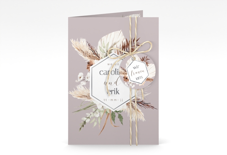 Einladungskarte Hochzeit Bohemian A6 Klappkarte hoch flieder silber mit Gräsern und Trockenblumen für Boho-Hochzeit