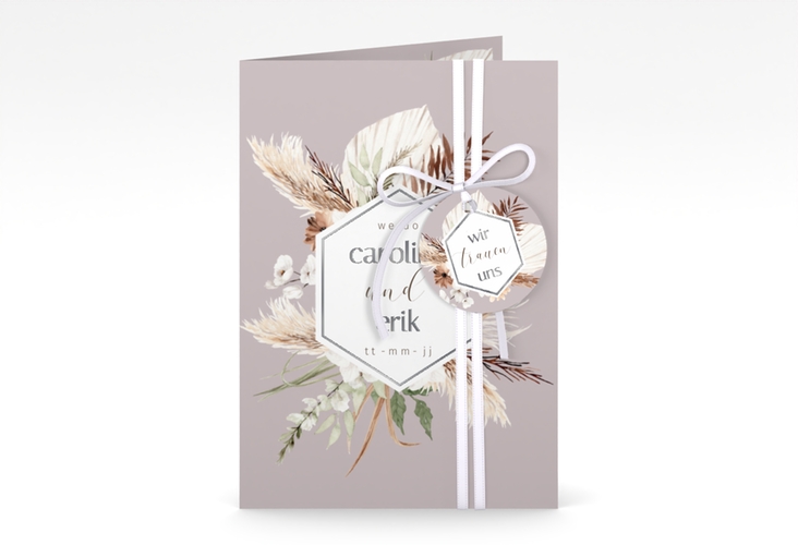 Einladungskarte Hochzeit Bohemian A6 Klappkarte hoch flieder silber mit Gräsern und Trockenblumen für Boho-Hochzeit