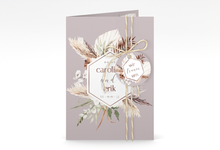 Einladungskarte Hochzeit Bohemian A6 Klappkarte hoch flieder rosegold mit Gräsern und Trockenblumen für Boho-Hochzeit