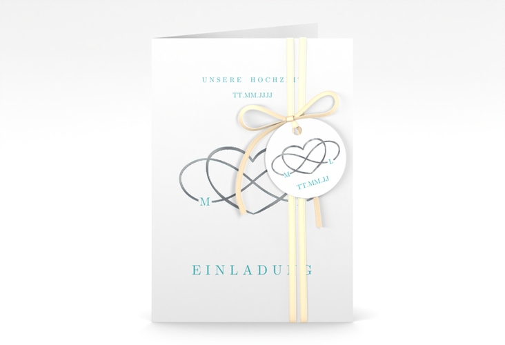 Einladungskarte Hochzeit Infinity A6 Klappkarte hoch tuerkis silber