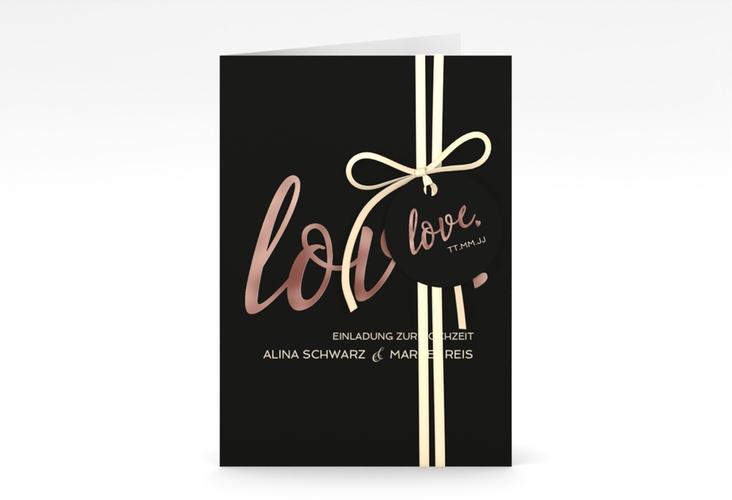 Einladungskarte Hochzeit Glam A6 Klappkarte hoch schwarz rosegold