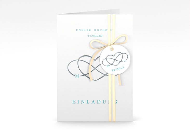 Einladungskarte Hochzeit Infinity A6 Klappkarte hoch tuerkis silber