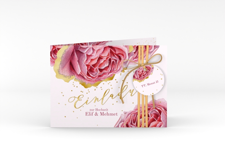 Hochzeitseinladung Cherie A6 Klappkarte quer rosa gold