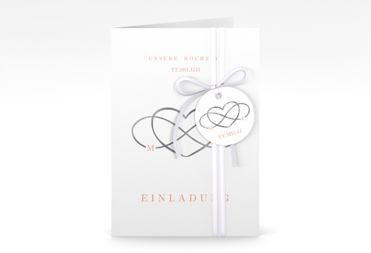 Einladungskarte Hochzeit Infinity A6 Klappkarte hoch apricot silber