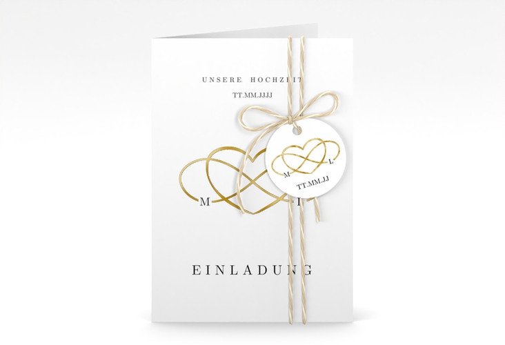 Einladungskarte Hochzeit Infinity A6 Klappkarte hoch schwarz gold