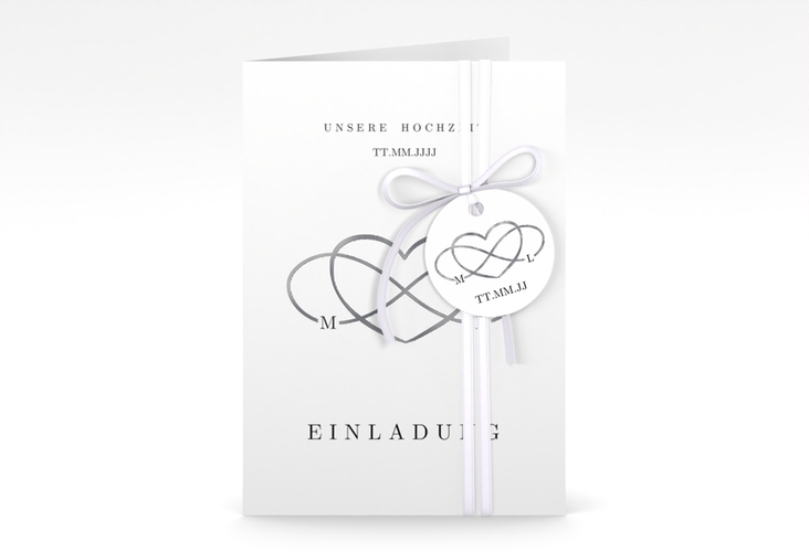 Einladungskarte Hochzeit Infinity A6 Klappkarte hoch schwarz silber