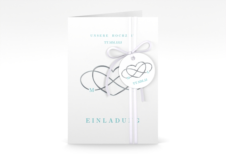 Einladungskarte Hochzeit Infinity A6 Klappkarte hoch tuerkis silber