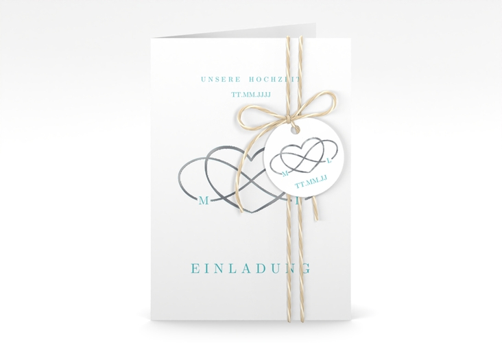 Einladungskarte Hochzeit Infinity A6 Klappkarte hoch tuerkis silber