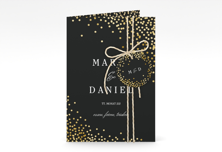 Einladungskarte Hochzeit Glitter A6 Klappkarte hoch schwarz gold