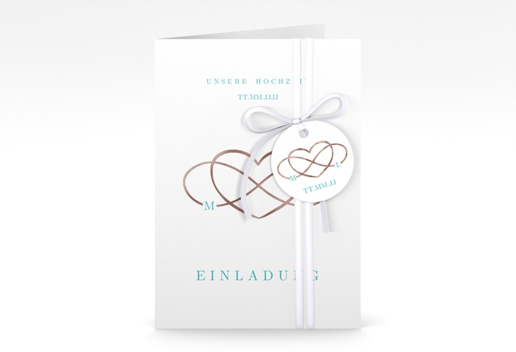 Einladungskarte Hochzeit Infinity A6 Klappkarte hoch tuerkis rosegold