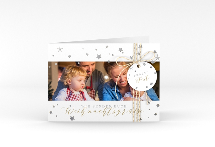 Weihnachtskarte Sternennacht A6 Klappkarte quer weiss silber mit Sternchen und Familienfoto
