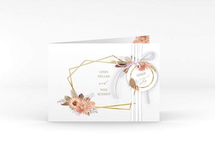 Hochzeitseinladung Strohblume A6 Klappkarte quer weiss gold