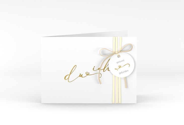 Hochzeitseinladung Zweisamkeit A6 Klappkarte quer weiss gold im minimalistischen Stil mit Aufschrift du & ich