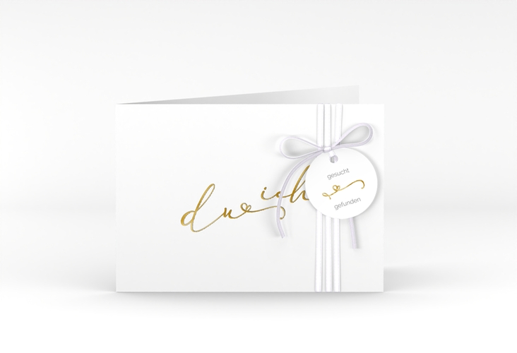 Hochzeitseinladung Zweisamkeit A6 Klappkarte quer weiss gold im minimalistischen Stil mit Aufschrift du & ich