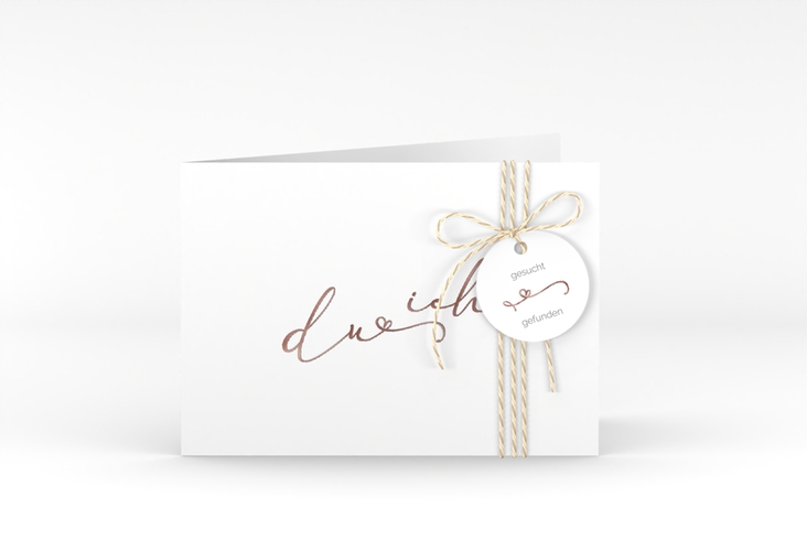 Hochzeitseinladung Zweisamkeit A6 Klappkarte quer weiss rosegold im minimalistischen Stil mit Aufschrift du & ich