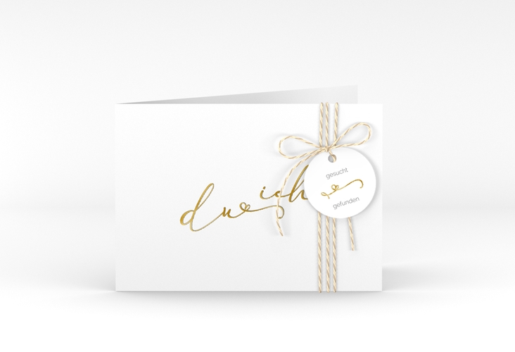 Hochzeitseinladung Zweisamkeit A6 Klappkarte quer weiss gold im minimalistischen Stil mit Aufschrift du & ich