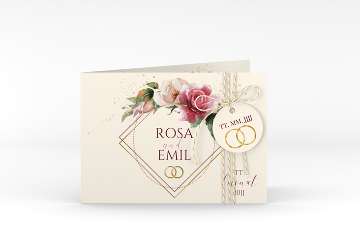 Hochzeitseinladung Rosenbogen A6 Klappkarte quer beige gold