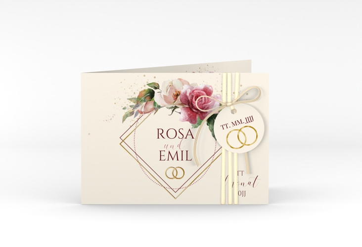 Hochzeitseinladung Rosenbogen A6 Klappkarte quer beige gold