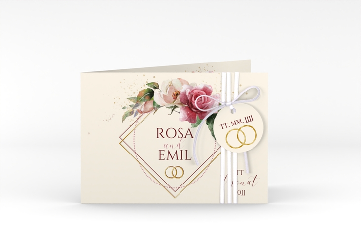 Hochzeitseinladung Rosenbogen A6 Klappkarte quer beige gold