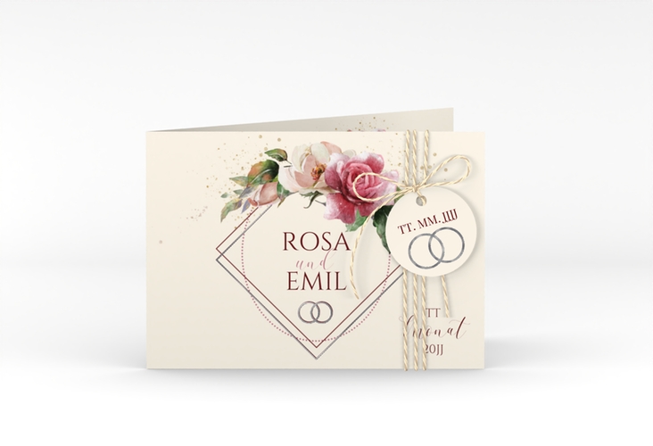 Hochzeitseinladung Rosenbogen A6 Klappkarte quer beige silber