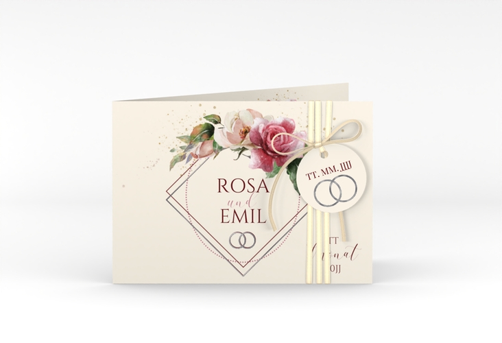 Hochzeitseinladung Rosenbogen A6 Klappkarte quer beige silber