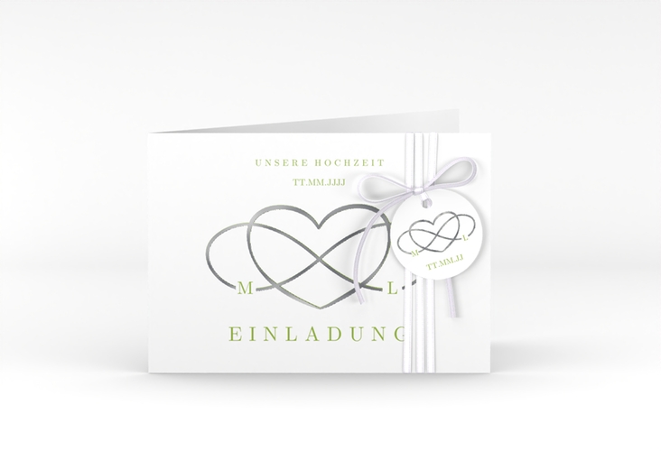 Hochzeitseinladung Infinity A6 Klappkarte quer gruen silber