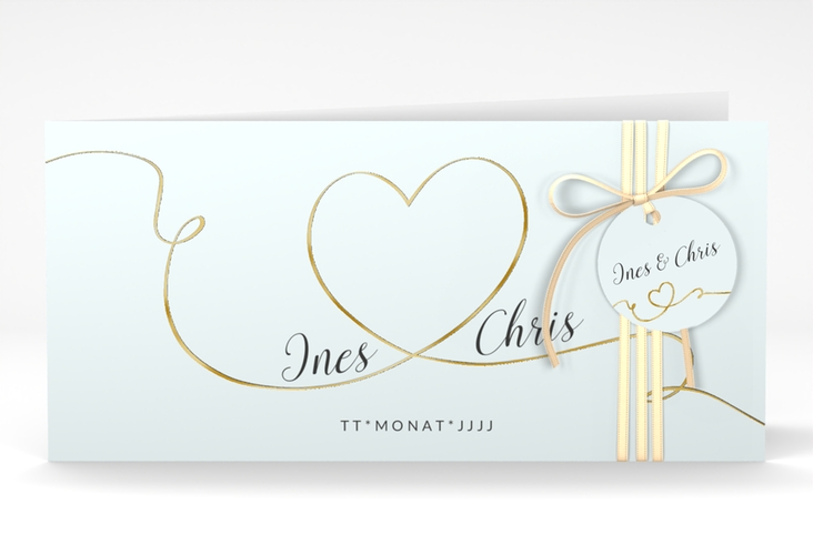 Hochzeitseinladung Dolce lange Klappkarte quer tuerkis gold