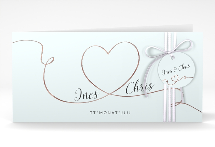 Hochzeitseinladung Dolce lange Klappkarte quer tuerkis rosegold