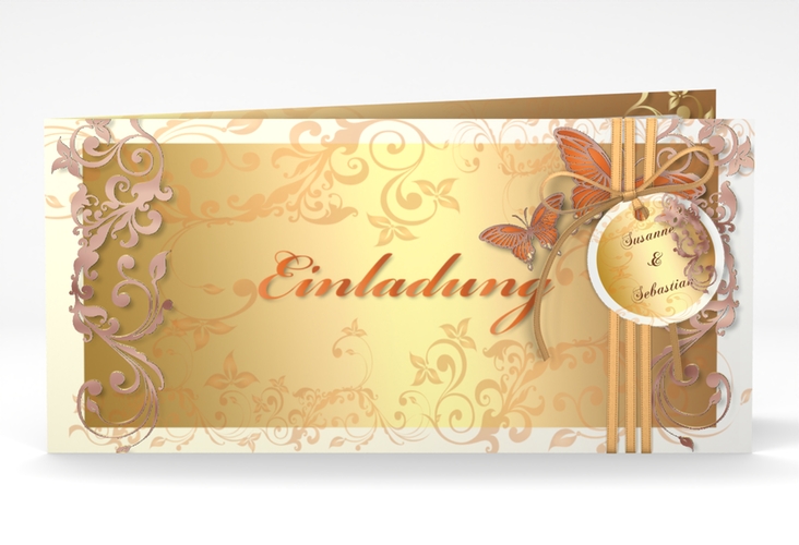 Hochzeitseinladung Toulouse lange Klappkarte quer orange rosegold