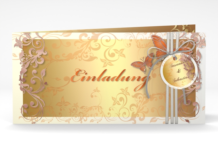 Hochzeitseinladung Toulouse lange Klappkarte quer orange rosegold