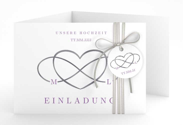 Hochzeitseinladung Infinity A6 Doppel-Klappkarte lila silber
