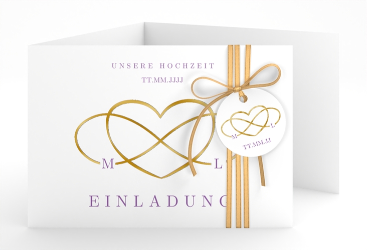 Hochzeitseinladung Infinity A6 Doppel-Klappkarte lila gold
