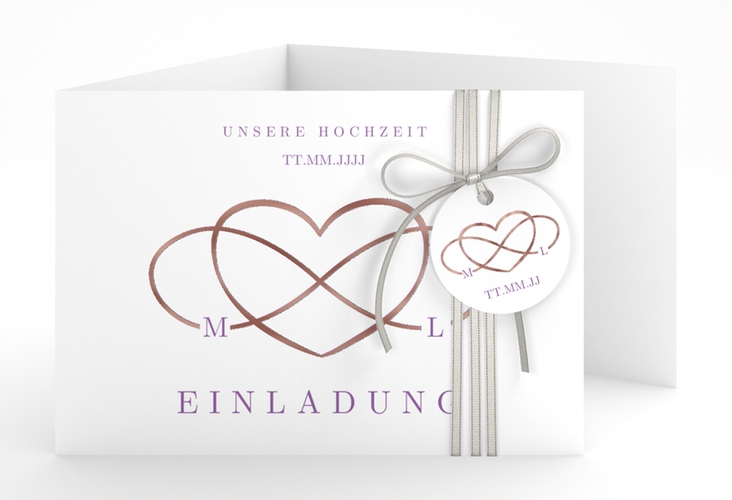 Hochzeitseinladung Infinity A6 Doppel-Klappkarte lila rosegold