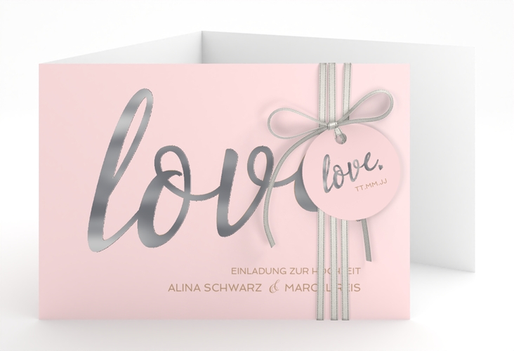 Hochzeitseinladung Glam A6 Doppel-Klappkarte rosa silber