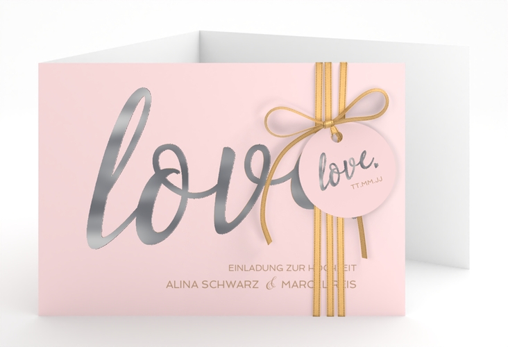 Hochzeitseinladung Glam A6 Doppel-Klappkarte rosa silber