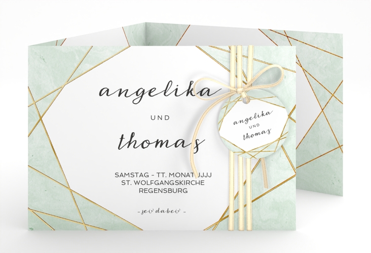 Hochzeitseinladung Asymmetry A6 Doppel-Klappkarte gruen gold