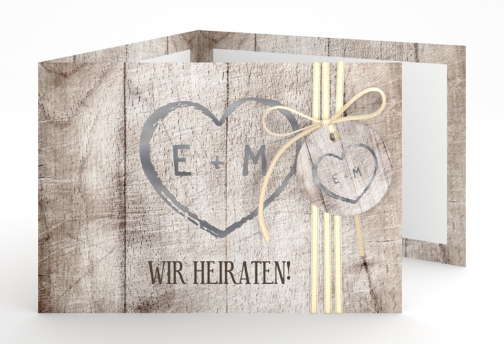Hochzeitseinladung Wood A6 Doppel-Klappkarte weiss silber