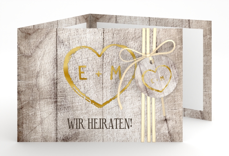 Hochzeitseinladung Wood A6 Doppel-Klappkarte weiss gold