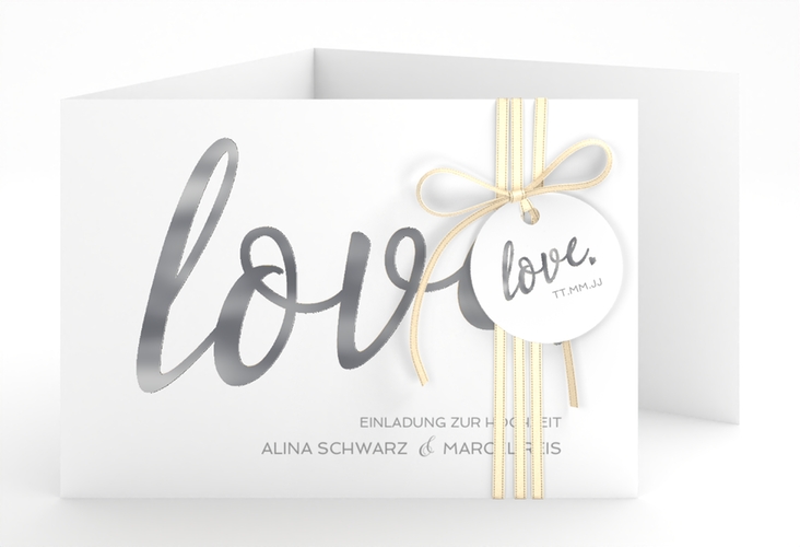 Hochzeitseinladung Glam A6 Doppel-Klappkarte weiss silber