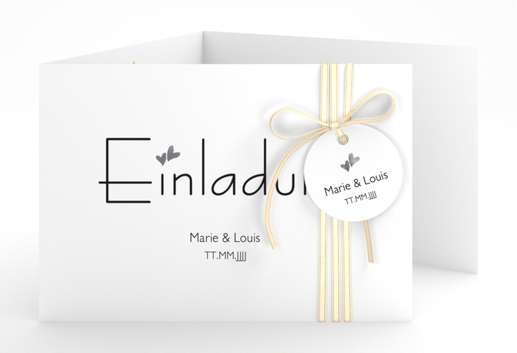 Hochzeitseinladung Twohearts A6 Doppel-Klappkarte beige silber