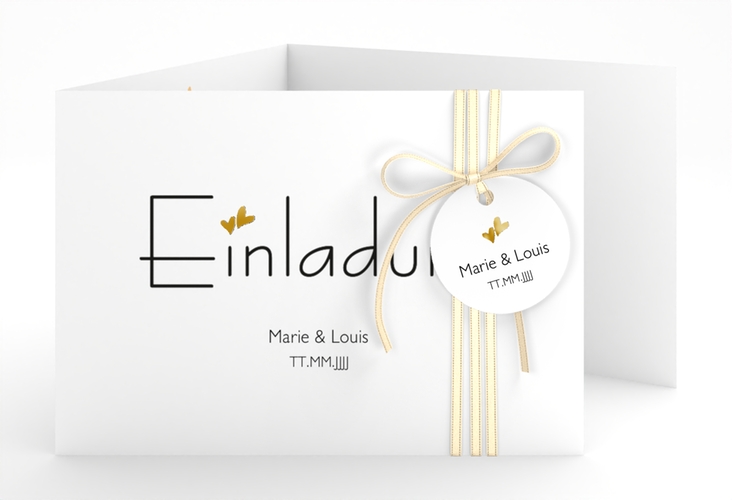 Hochzeitseinladung Twohearts A6 Doppel-Klappkarte beige gold
