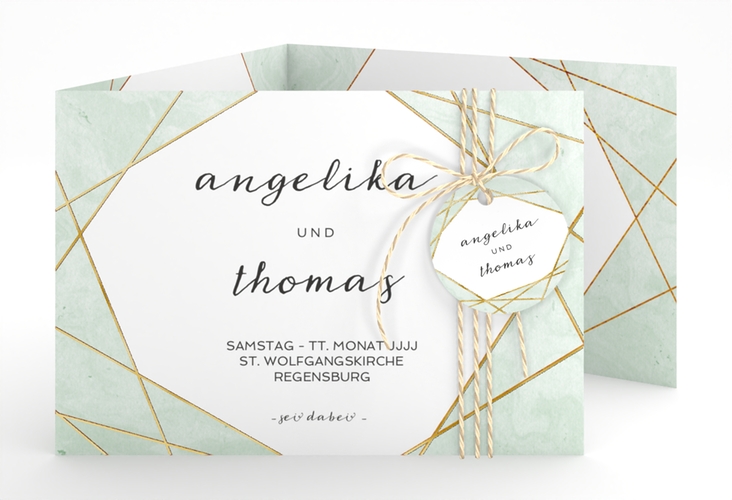 Hochzeitseinladung Asymmetry A6 Doppel-Klappkarte gruen gold
