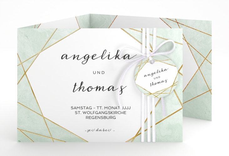Hochzeitseinladung Asymmetry A6 Doppel-Klappkarte gruen gold