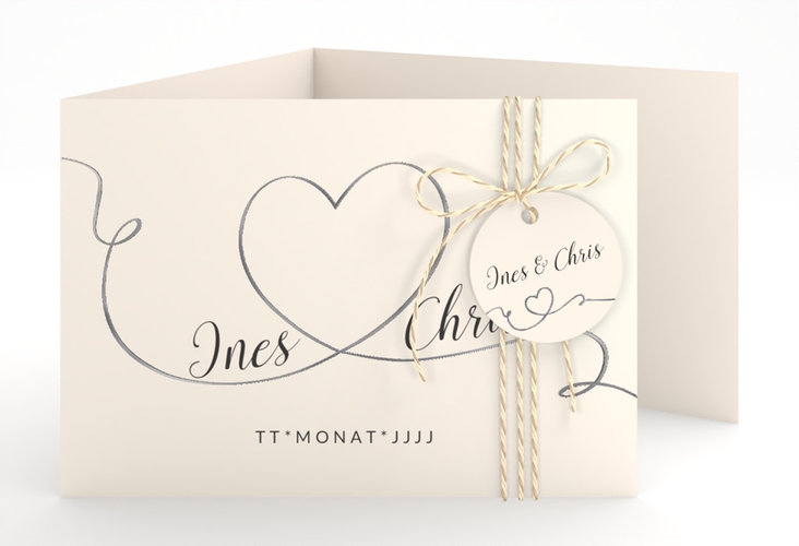 Hochzeitseinladung Dolce A6 Doppel-Klappkarte beige silber