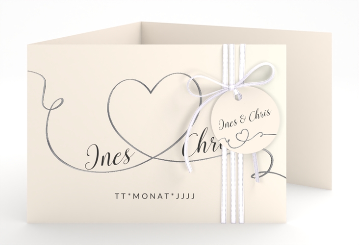 Hochzeitseinladung Dolce A6 Doppel-Klappkarte beige silber
