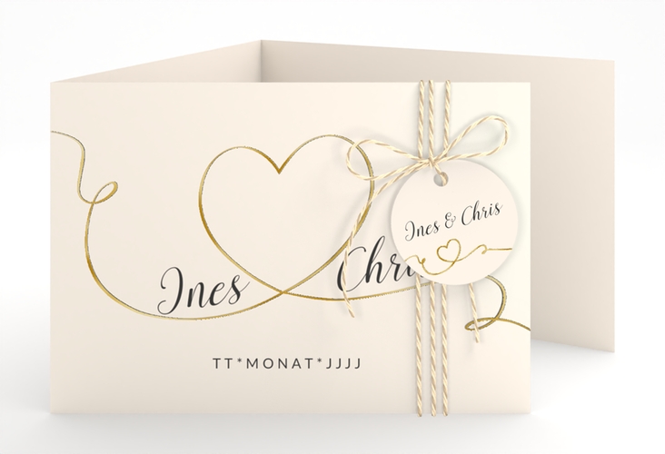 Hochzeitseinladung Dolce A6 Doppel-Klappkarte beige gold