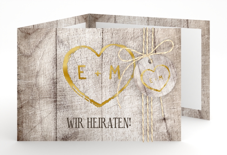 Hochzeitseinladung Wood A6 Doppel-Klappkarte weiss gold